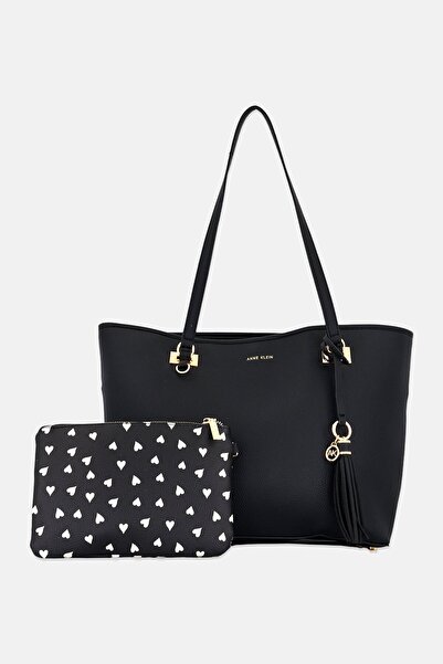 Anne Klein Women 2 Pcs Brand Logo Tote Bag With Pouch, Black
