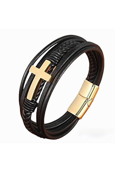 Akzent Ανδρικό μαύρο Δερμάτινο βραχιόλι με χρυσό σταυρό, πλεγμένο, Μαγνητικό ...