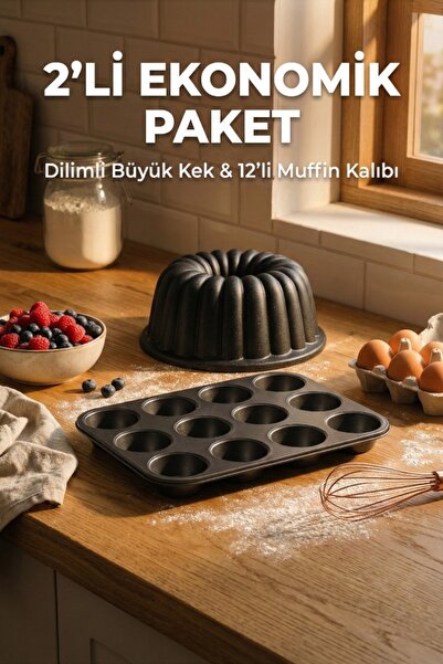 4Berry 2'li Kek Kalıbı Seti: Dilimli Büyük Kek & 12'li Muffin Kalıbı