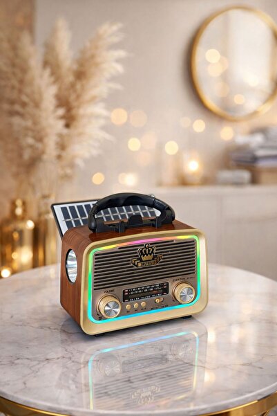 MEMİTA LED Işıklı Nostalji Radyo Bluetooth Güneş Panelli Taşınabilir Şarjlı R...