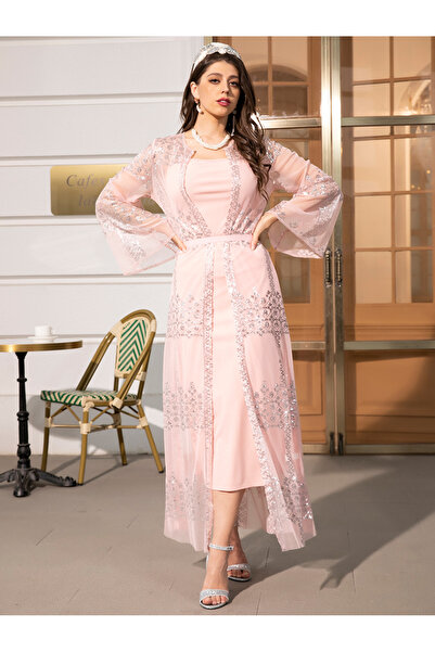 FridayIn Sweet Round neck Solid color Rhinestone Belt Flared sleeve Kaftan