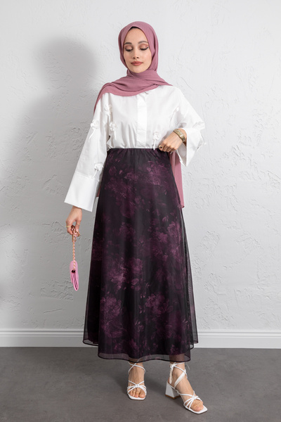 Salih Çelebi Printed Chiffon Skirt 261128 - Purple