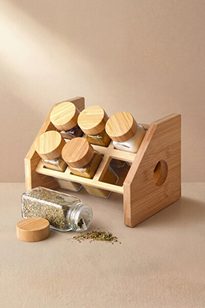 GÖNÜL Bambu Kapaklı 7 Parça Cam Baharat Takımı, Bambu Standlı Baharatlık Seti