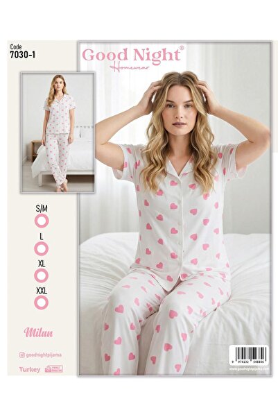 GOOD NİGHT Milan Kadın Kalp Desenli Pembe Kısa Kollu Düğmeli Pijama Takımı