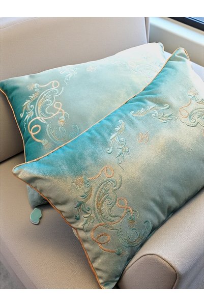 BAŞ TASARIM Embroidered Water Green K Velvet Throw Pillow