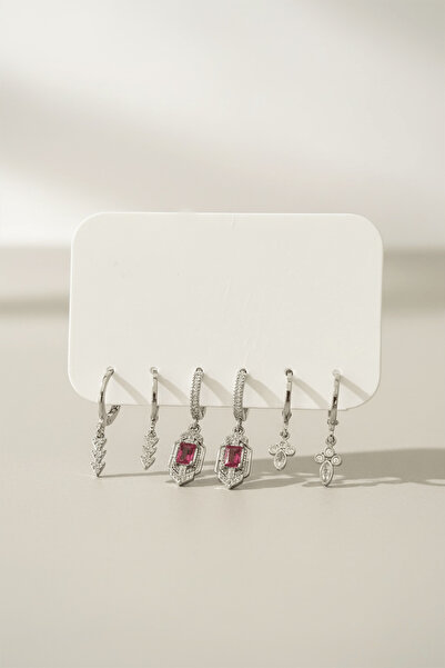 TAKIŞTIR Silver Color Set of 6 Stone Detailed Earrings