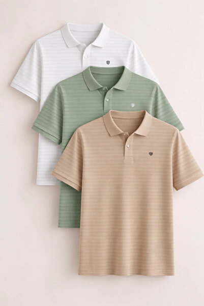 COMBİNE MİCHAİL Men's Short Sleeve Loose 3-Piece Polo Collar T-Shirt