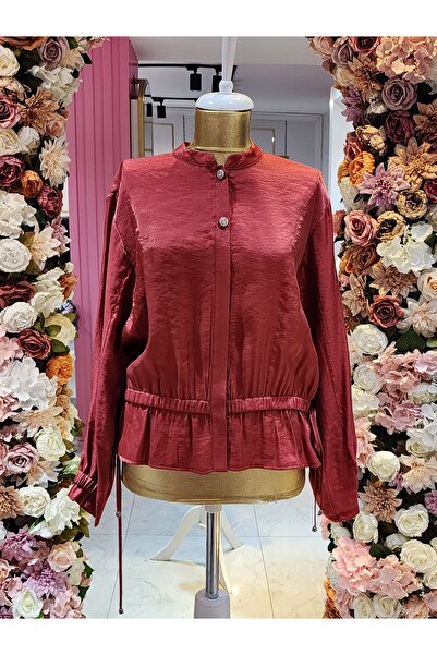 Kayra kadın kırmızı beli lastikli düğmeli bluz