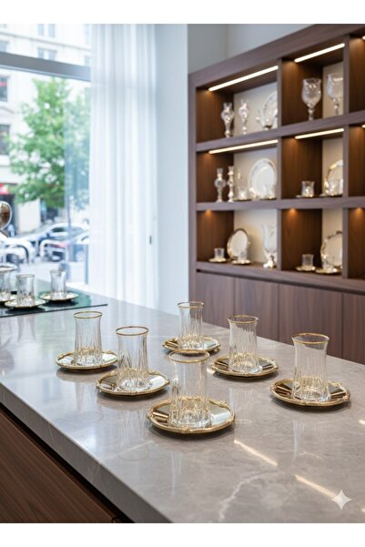 LeylArt Ramadan Tea Set 12 Pieces Gold Metal Plate - Gold Metal Spoon - Glass...