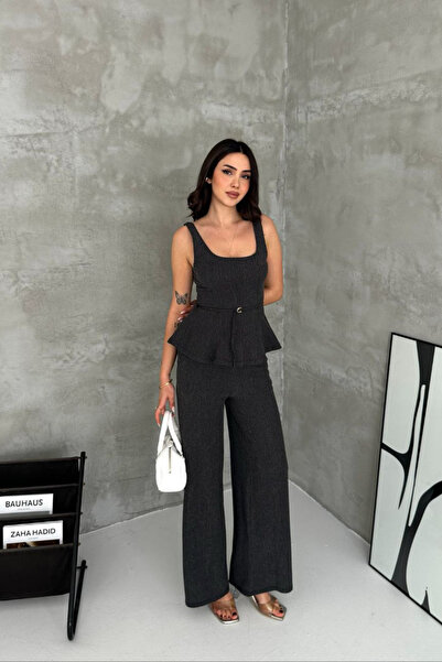 MİROR Γυναικείο Σετ από Ύφασμα Μπουρούμικ Με βολάν Μπλούζα και Φαρδιά μπατζάκ...