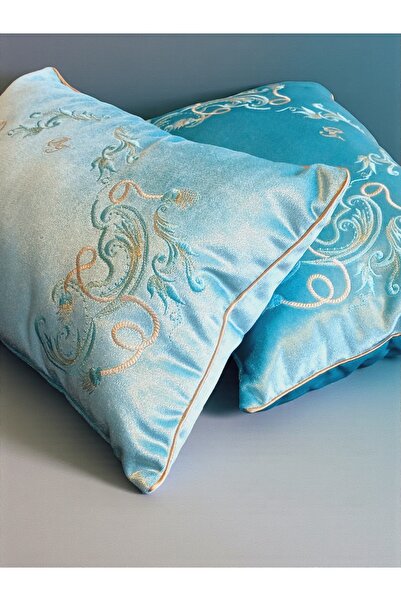 BAŞ TASARIM Embroidered Water Green K Velvet Throw Pillow