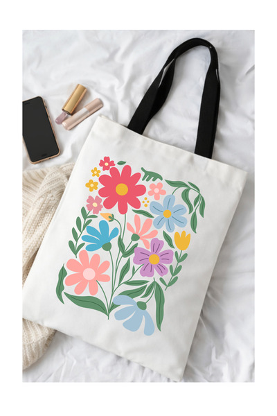 OEM Geantă Tote Bag Albă cu Imprimeu Floral Colorat