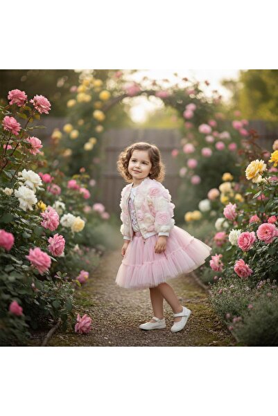 SweetMe Комплект от 3 части за момичета с подплатена рокля с рози, пола и блу...