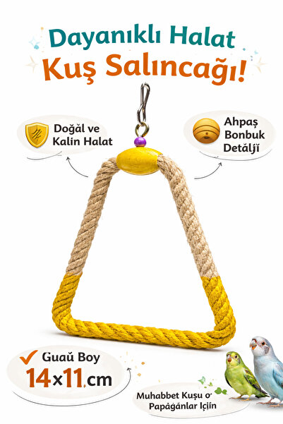Papağanhane Büyük Boy Sarı Halat Muhabbet Kuşu Salıncağı Ahşap Boncuklu Kafes...