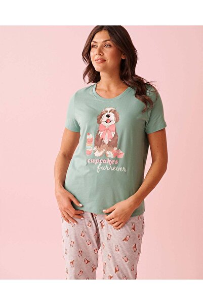 La Vie en Rose تيشيرت قطن برقبة دائرية مطبوع عليه صورة كلب وكعكة