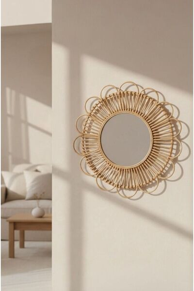 Bayev Rattan Çiçek 55 Cm Dekoratif Ayna 9143 - Dekoratif Hasır Yuvarlak Ayna