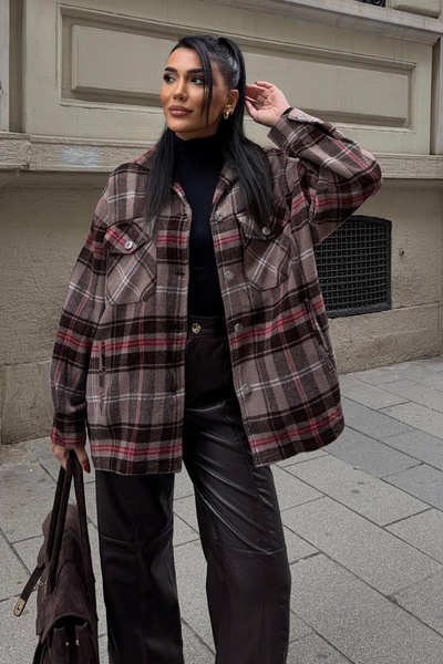 LaliCo Plaid Patterned Brown Shirt Jacket