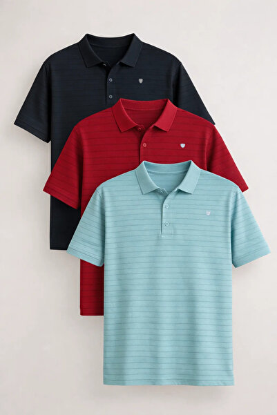 COMBİNE MİCHAİL Men's Short Sleeve Loose 3-Piece Polo Collar T-Shirt