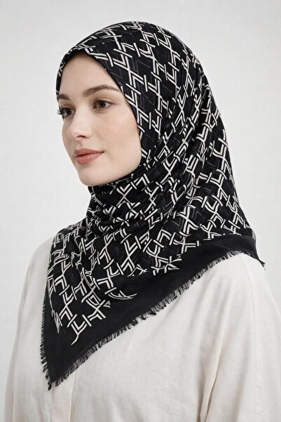 Sinem Eșarfă din bumbac imprimată - Negru / Alb-6292 - 12