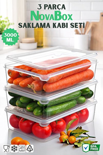 Nandy Home Novabox 3000Ml. 3'lü Set Saklama Kabı - Çok Amaçlı Buzdolabı Organ...
