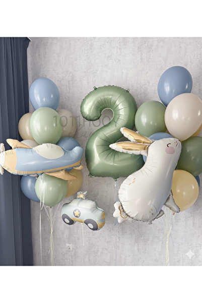 Çemrek Süs Parti Retro Airplane Police Car Rabbit Foil Balloon and Mint Numbe...