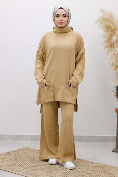 Tesettür Dünyası Double Pocketed Layer Knitwear Set Tsd260109 Camel