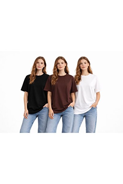 zs zaos fashion 3-Piece Set of Women's Plain Basic Crew Neck T-Shirts Half Ov...