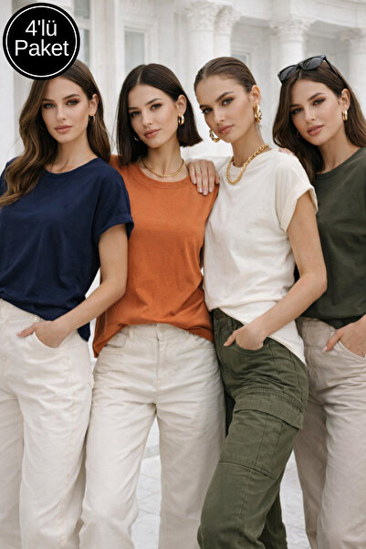 Rich Kadın 4'lü Paket Turuncu-Haki-Taş-Lacivert Pamuklu Duble Kol Detaylı Rah...