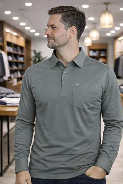 YAKAMEL Men's Long Sleeve Button down Shirt Casual T-Shirt with Collar Pocket