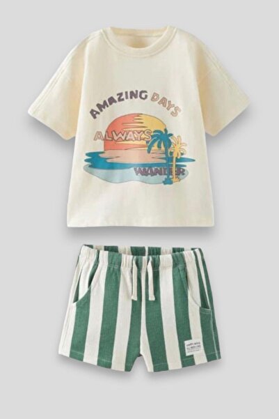 Monila Erkek Çocuk Baskılı Pamuklu Çizgili Şortlu Altüst Takım