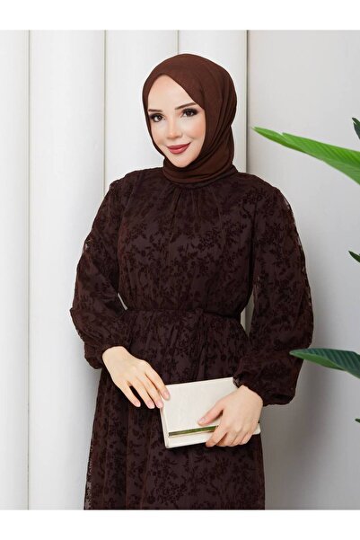 GLN GİYİM Kadife Desenli Tül Elbise