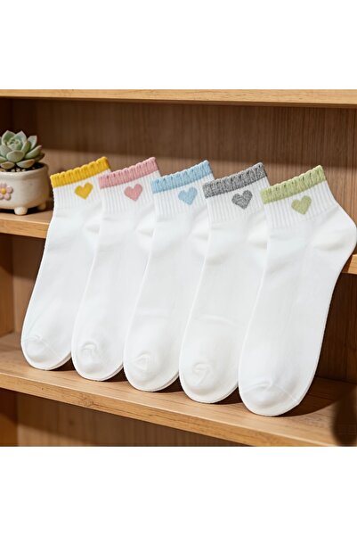 çorapmanya 5 Çift Çok Renkli Kalp Desenli Yarım Konç Kadın Kolej - Tenis Çorap