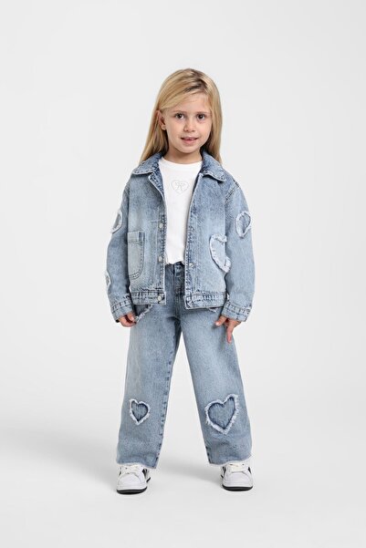 Escabel طقم جينز إيكابيل على شكل قلب للأطفال من عمر 1-5 سنوات باللون الأزرق