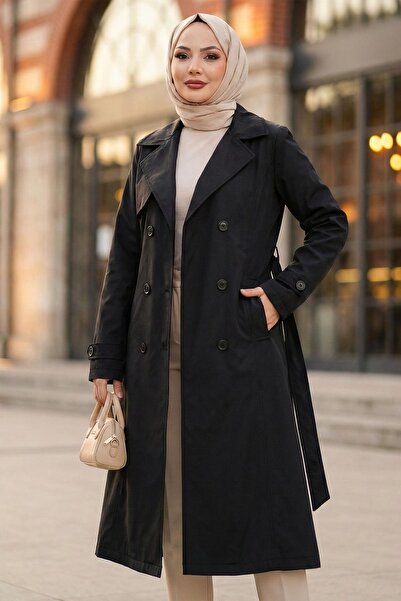 hafsamina Belted Buttoned Trench Coat Black Hm2890