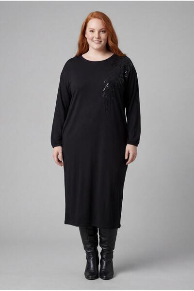 Ebsumu Women's Plus Size Sequin Detailed Long Sleeve Black Dress