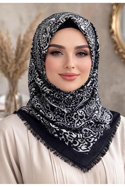 Sinem Εμπριμέ Βαμβακερό Κασκόλ - Μαύρο / Λευκό-6292 - 10