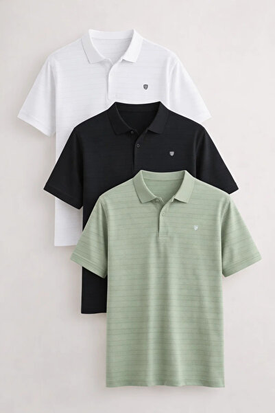 COMBİNE MİCHAİL Men's Short Sleeve Loose 3-Piece Polo Collar T-Shirt