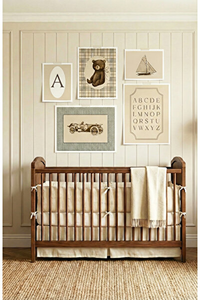 leilart Vintage Bebek ve Çocuk Odası Poster Seti - krem rengi Ayıcık, Araba, ...