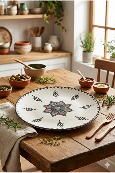 Selenica Etnik Desenli Bohem Seramik Servis ve Sunum Tabağı 26 cm