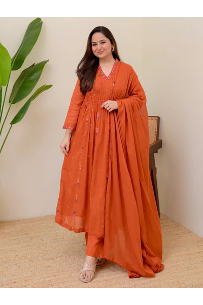 MYSMAR Orange Embroidered Kurta Set With Pants And Dupatta - ALV2160 | Orange