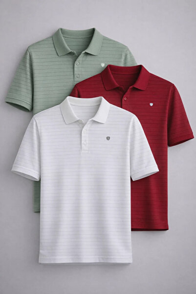 COMBİNE MİCHAİL Men's Short Sleeve Loose 3-Piece Polo Collar T-Shirt