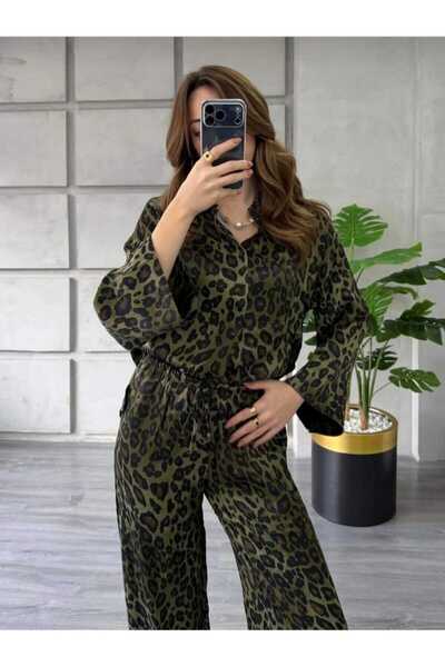 LAVRE Women's Khaki Leopard Printed Piece Satin Textured Drapey Pants Shirt D...