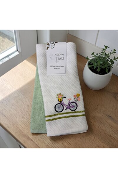 COTTON FİELD مناشف مطبخ 100% قطن، قطن قطعة، مطرز ألوان، عبوة من قطعتين