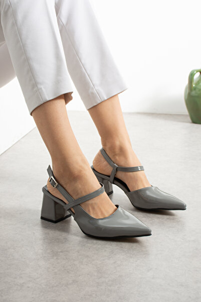 irmona Mi̇hra Gray Patent Leather 5 cm Heel with Pointed Toe