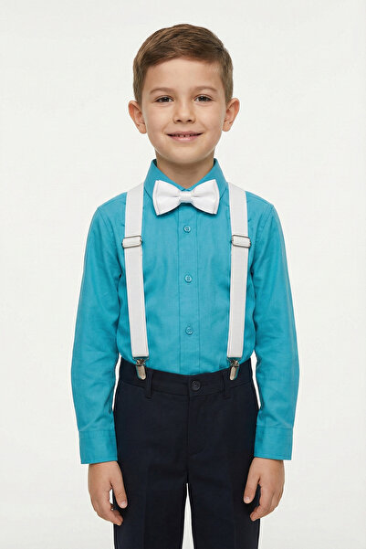 nacar çarşı Cămașă cu mânecă lungă turcoaz pentru băieți, set cu papion cu br...