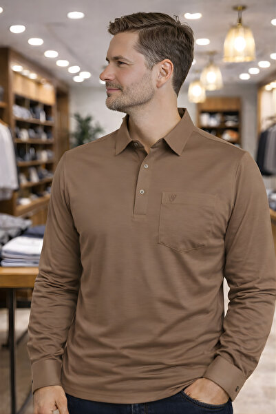 YAKAMEL Men's Long Sleeve Button down Shirt Casual T-Shirt with Collar Pocket