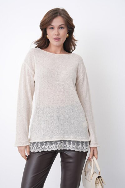 Noi Belis Lace Detailed Boat Neck Knitwear Blouse Ss26Bz0034