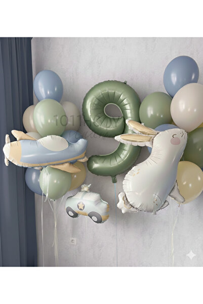 Çemrek Süs Parti Retro Airplane Police Car Rabbit Foil Balloon and Mint Numbe...