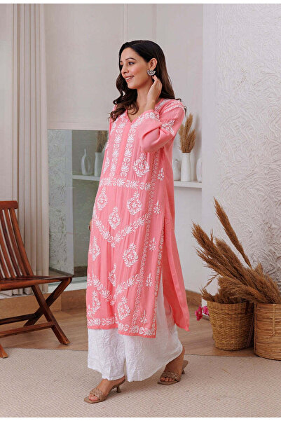 ZERE Sunehri Peach Modal Chikankari Kurta