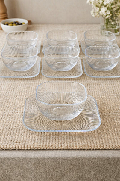 Evila 12 Parça Cam Kase ve Tabak Seti – 6 Kase + 6 Servis Tabağı – Çerez, Tat...